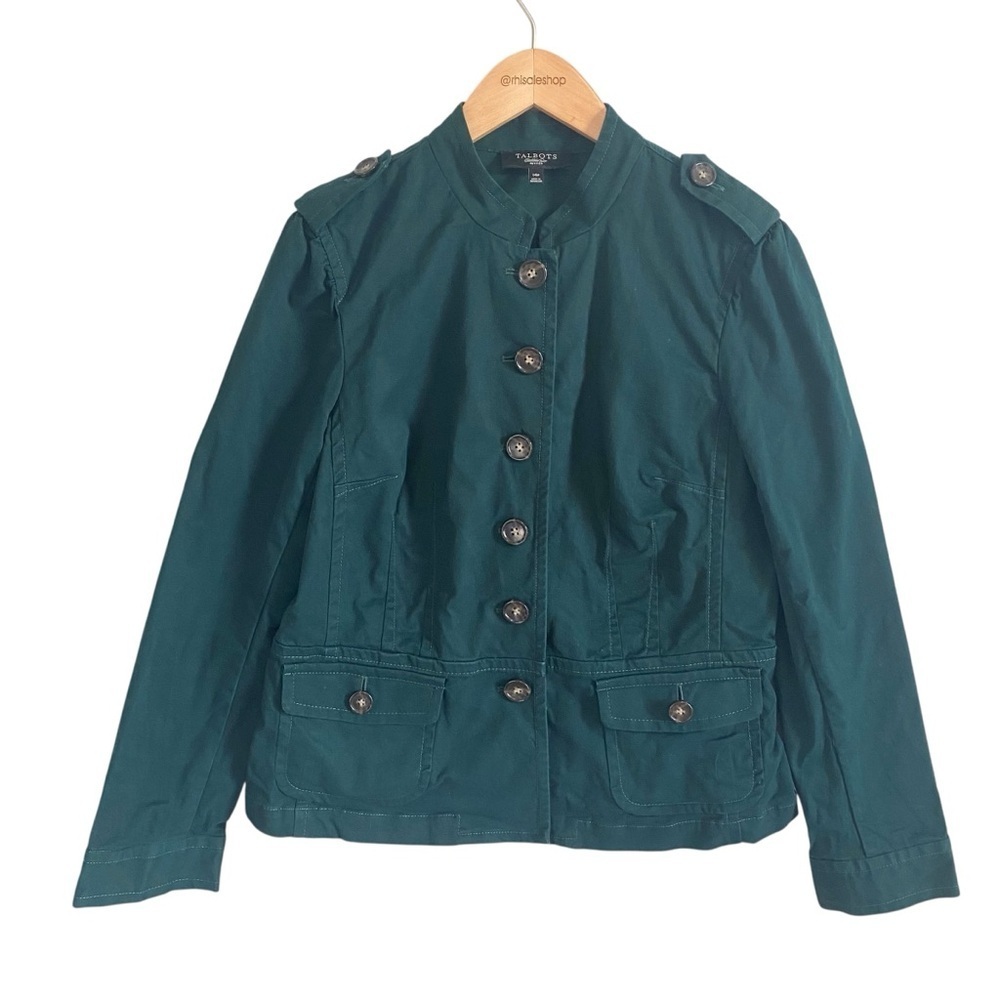Talbots Emerald Green Button Down Utility Band Jacket Size 14P